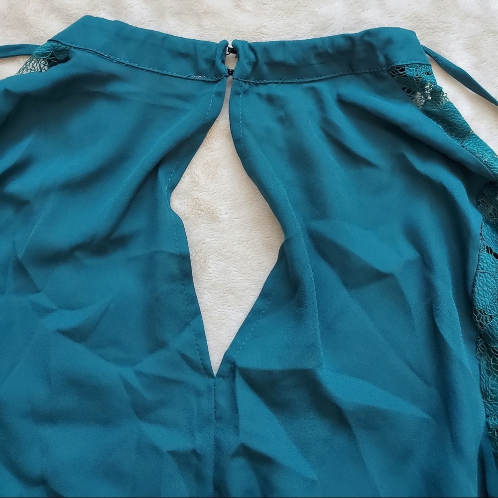 Teal Deep V Lace Bell Sleeved Lulumari Bodysuit - Picture 5 of 8